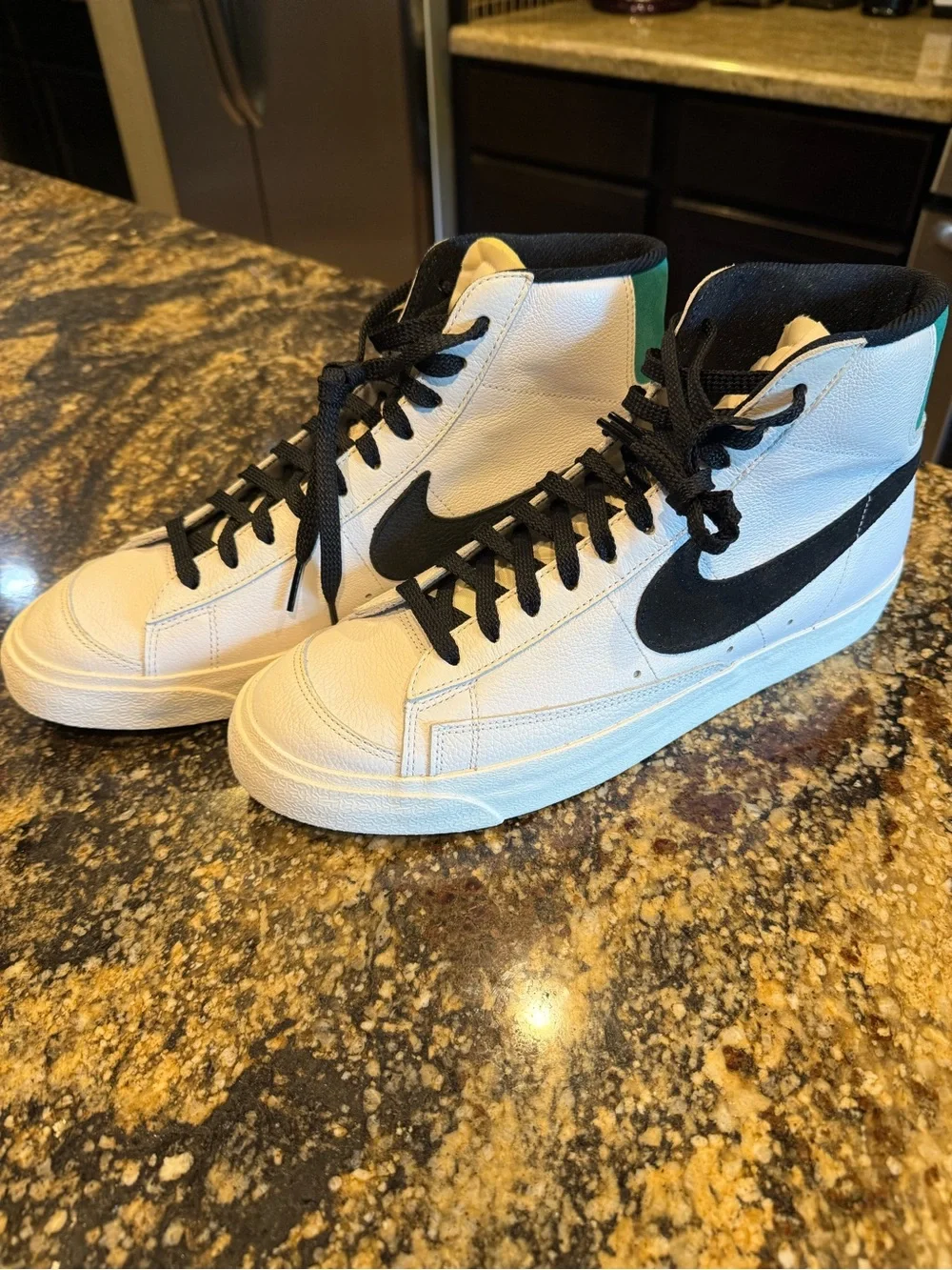 Nike Men's White High-Top Sneakers with Black Swoosh and Green Heel Tab (Custom)